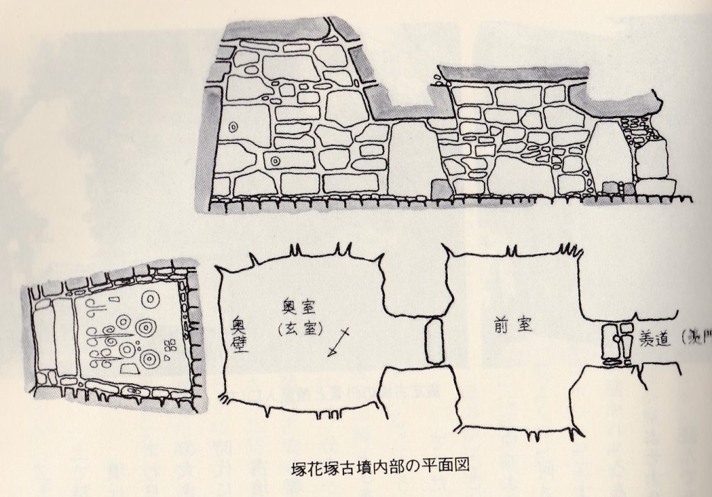 塚花塚古墳内部の平面図。図左手の石室に描かれている3対の蕨手文(わらびてもん)は緑青で彩色されているという。